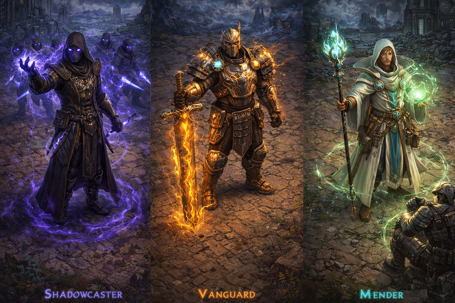 Three mana fighters channeling combat skills and abilities in the field